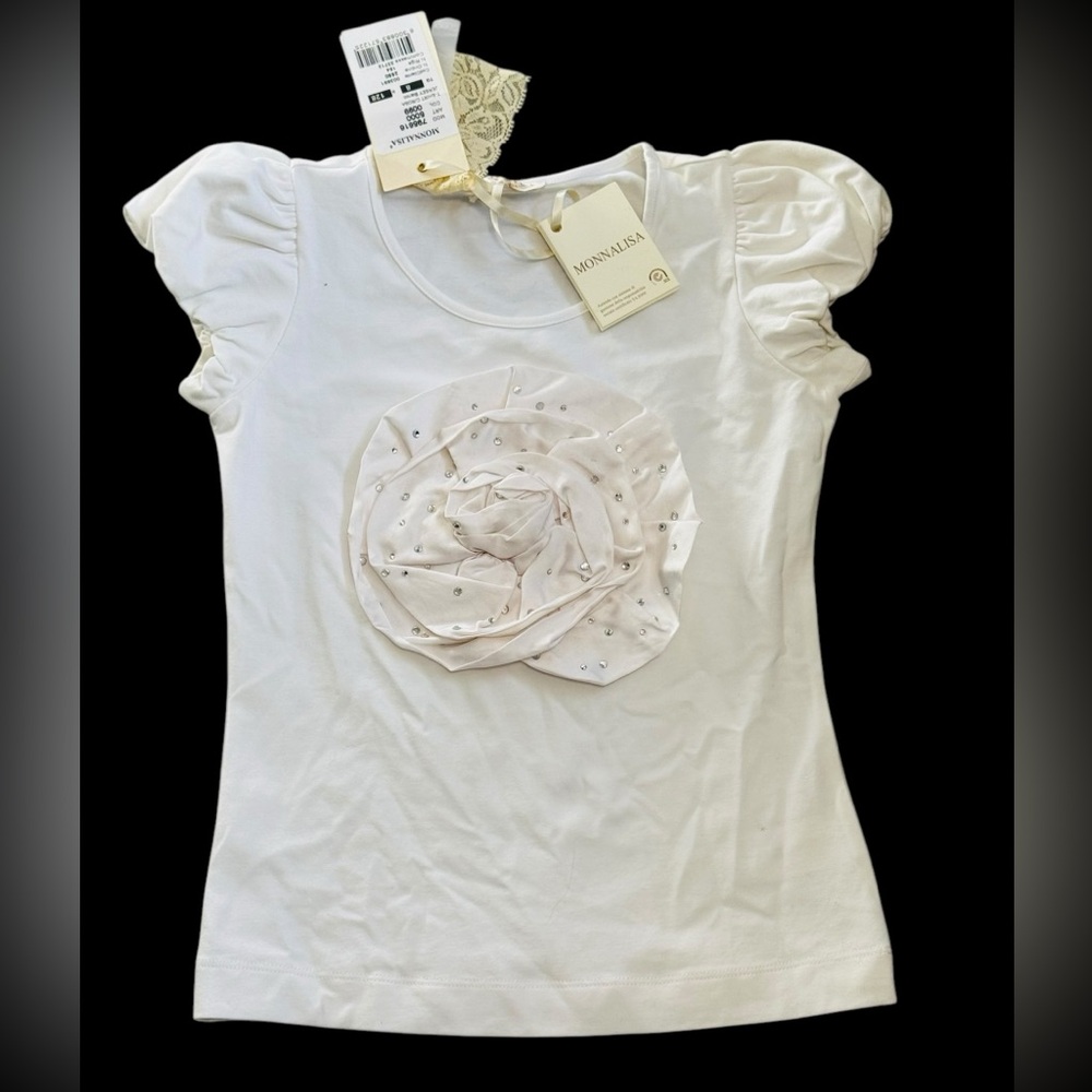 Monnalisa***White Puff Sleeve w/Floral Appliqué Top***Size 8 $185 NWT